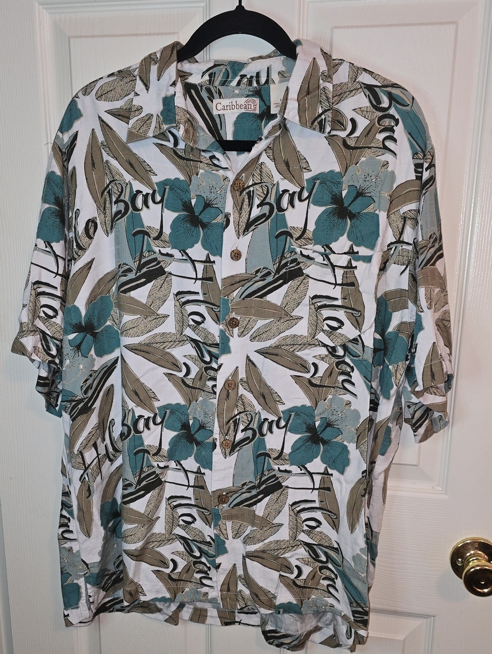Caribbean Teal and Beige Tropical Print Camp Shirt